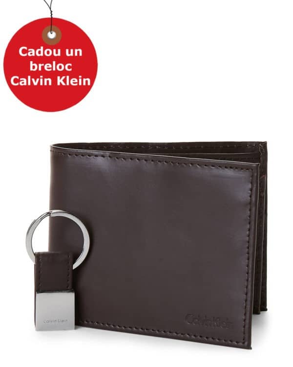 Set Portofel Calvin Klein doua bucati + Breloc - Two-Piece Black Leather Billfold Wallet & Key Fob Set