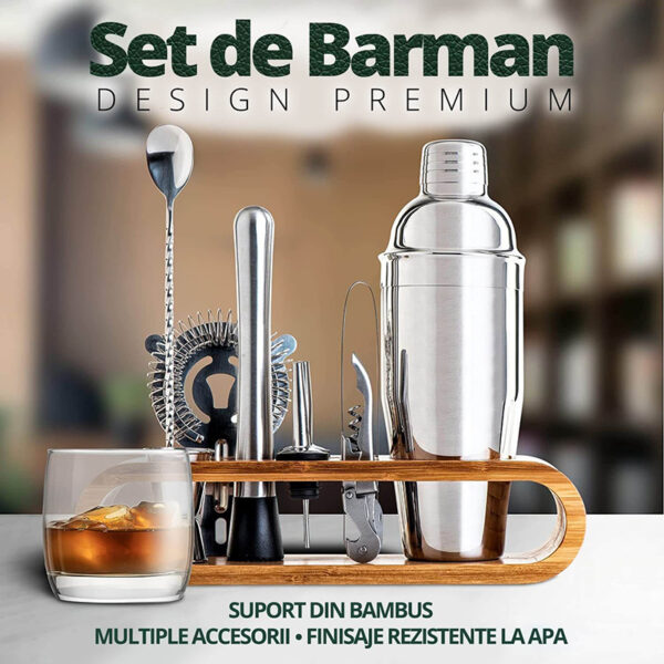 Set-de-Barman-pentru-bauturi-Edman-suport-din-bambus-Shaker-Cobbler-550-ml-10-Piese-Otel-Inoxidabil-Argintiu