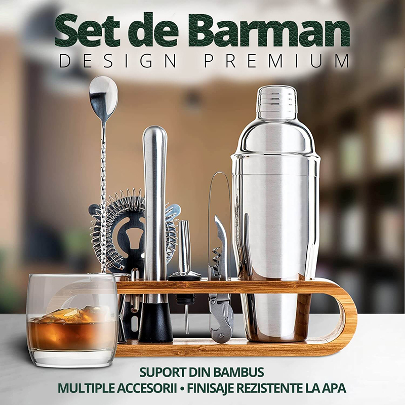 Set-de-Barman-pentru-bauturi-Edman-suport-din-bambus-Shaker-Cobbler-550-ml-10-Piese-Otel-Inoxidabil-Argintiu-second-1